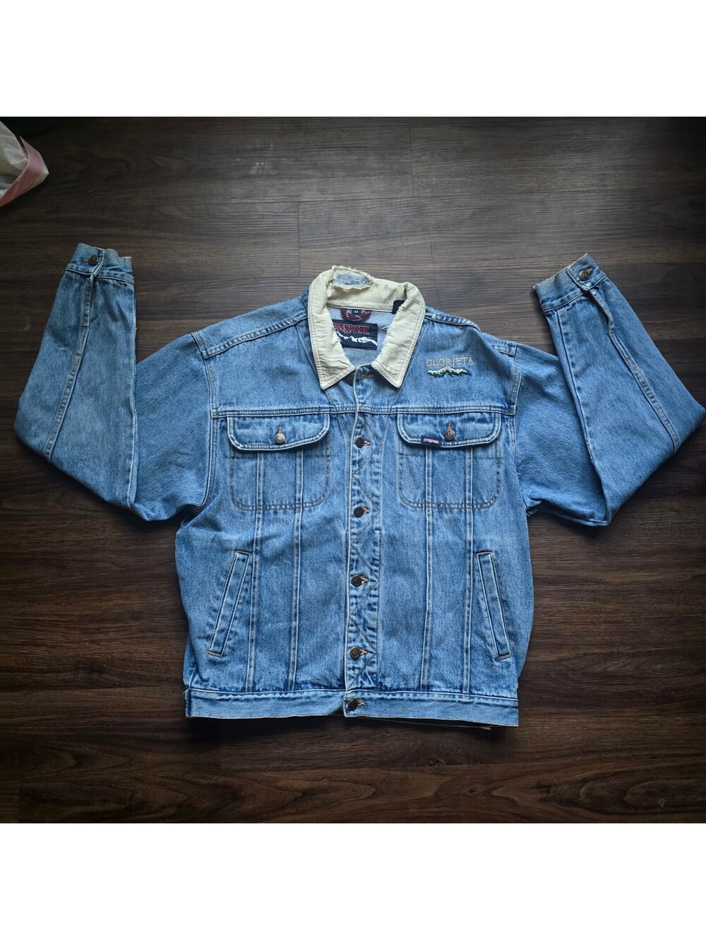 Vintage JanSport Denim Jacket Medium Distressed Shreddred Collar Glorieta